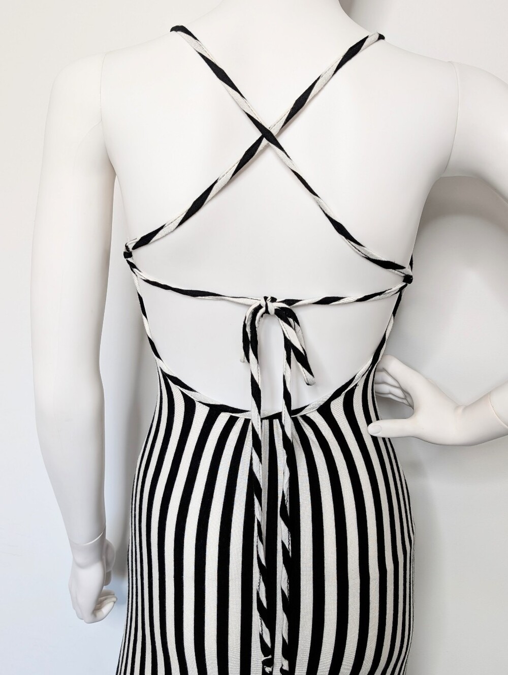 Y2K Black & White Striped Bodycon Open Back Strappy Scoop Neck Maxi Dress - Picture 11 of 12